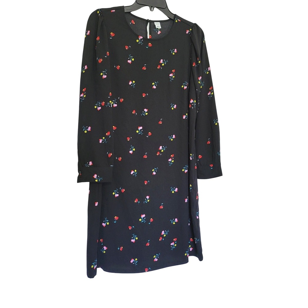 Old Navy Women Black 3/4 Sleeve Floral Crepe Shift Mini Boho Career Dress Medium